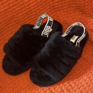 UGG Black Fluffy Slides with Logo Strap